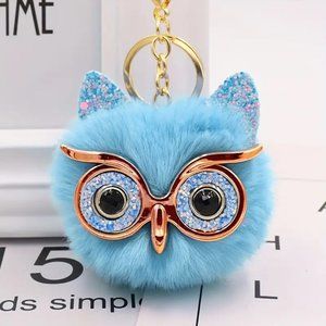 Fuzzy OWL Pom Pom Bag Charm Keychain Purse Blue Glasses Rhinestones Glam Trendy